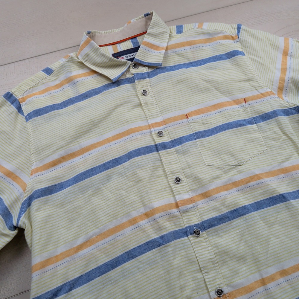 32 Bar Blues Mens XL Linen Cotton Striped Short Sleeve Button Down Shirt Multi
